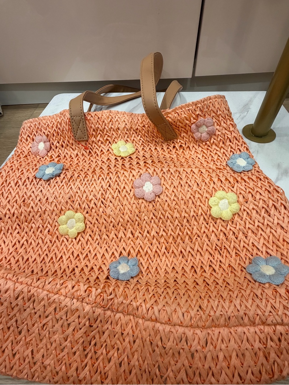 Cat & Jack Orange Woven Beach Bag with Pastel Flower Appliques